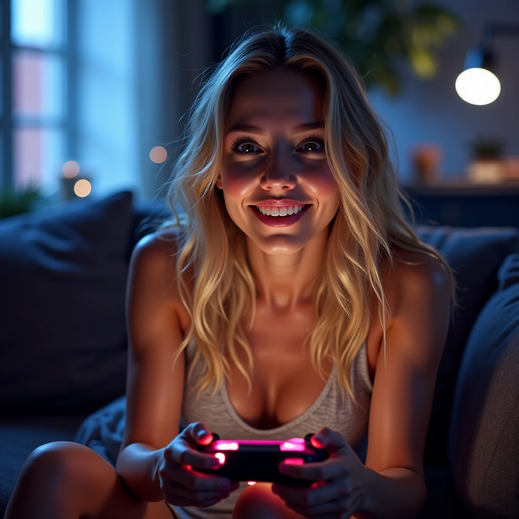 Brown-haired woman playing video games, naked, sexy