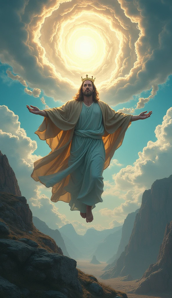 Generate a surrealistic image of Jesus rising to the heavens with a 3 ...