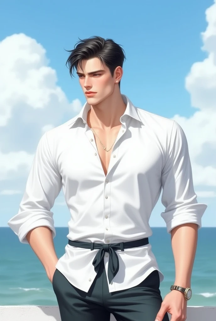 , he has short black hair whch is very stylish, he is wearing an ((((open white shirt)))) which shows his perfect athletic toned ((body with tan brown skin)), his body is shaved, shaved pubes so he can look sexy, His deep blue eyes hides mischief, his smile is flirty,he is strolling in a sandy beach with low waist white shorts hiding his bulge
