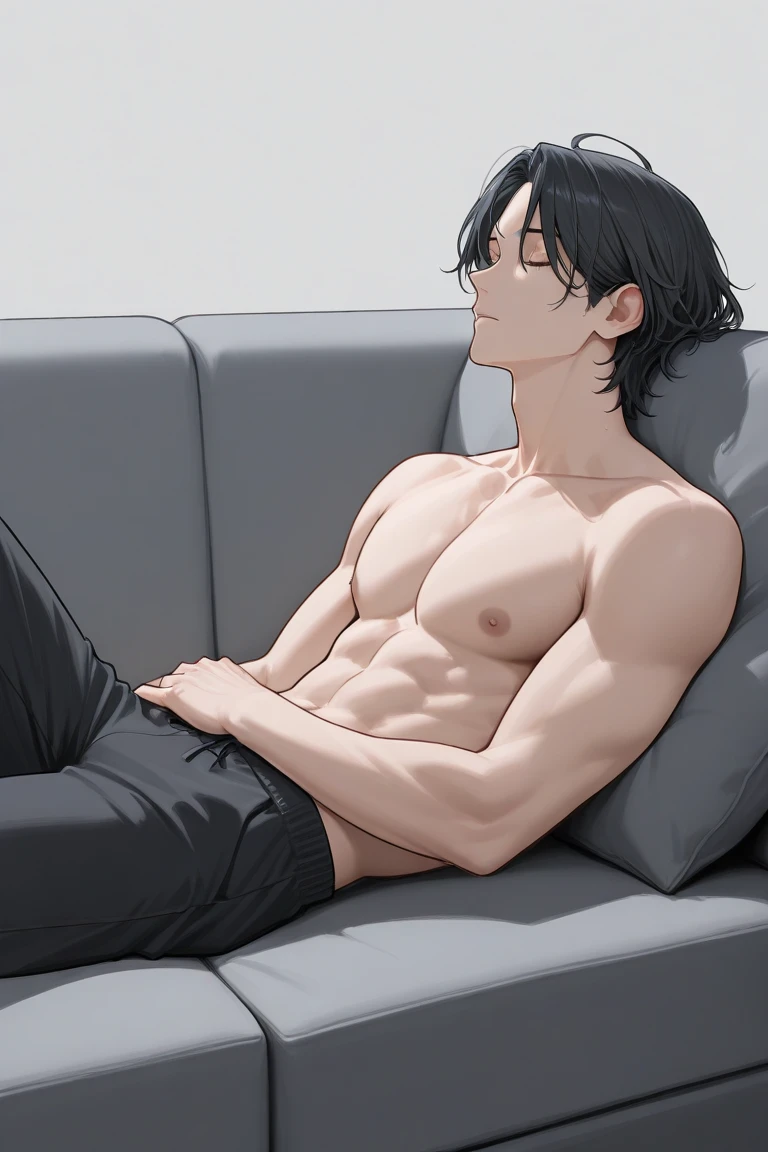 mike is a big hot sexy six pack guy shirtless  wearing jeans sitting with legs open and with the buttons with armpit hairs black haired muscular face