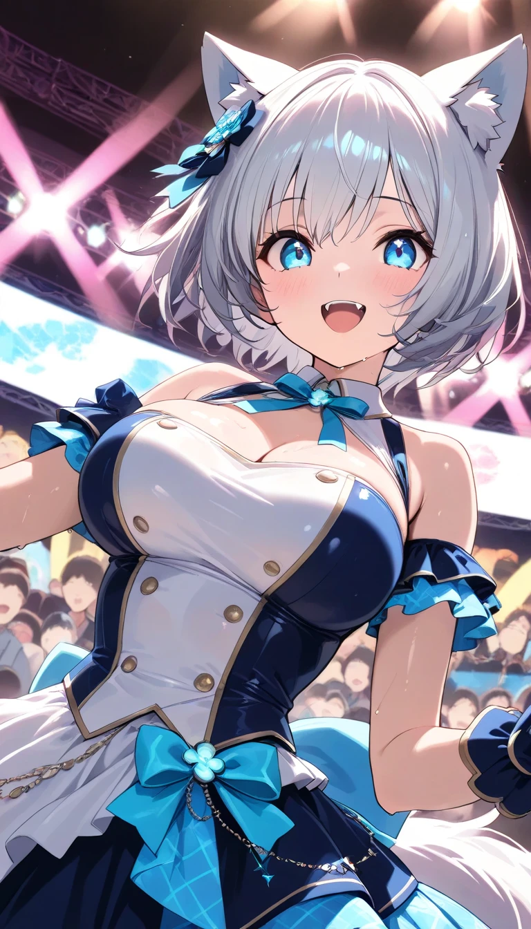 (masterpiece:1.3), (8k、Highest quality:1.4), (Best image quality, Intricate details, High resolution, Depth Field, Natural light, Professional Lighting), (1 girl), (alone), (Asian Girl, Very beautiful 18 year old manga), (Very beautiful woman、Attractive beautiful woman, 美しい銀髪のBobcut, 強い青いeye, 強いeyeのハイライト, Very large breasts, Perfect Anatomy, Dynamic Lighting, Lip gloss), A beautiful face with perfect symmetry, Beautiful detailed woman, Very beautiful detailed face, とても美しい詳細なeye, Smile at the audience, Smiling very happily, Beautiful Teeth, Beautiful Teeth alignment, Very detailed, Very detailed, Beautiful Teeth, Beautiful Teeth alignment, Very detailed, Very detailed, ((Detailed cheerleader:1.2)), The light shines on your face, ((Dynamic pose)), Bobcut, Crossed bangs, Asymmetrical bangs, Long neck, Show me your ears, disappear'eye, eyelash, cute, Very large breasts、Very beautiful and big, Very beautiful breast shape, Beautiful cleavage, Tall Supermodels, Long-legged supermodel, Supermodels dressed as cheerleaders, Strike a Pose, Dressed as a cheerleader, Close-up of a woman, To the camera, Laughter, (Cheerleader Outfits), ((head band, Sleeveless shirt with open chest, flare skirt, mini skirt)), A young and slender gravure idol, Young Gravure Idol, Young Gravure Idol, Stadium background in the daytime
