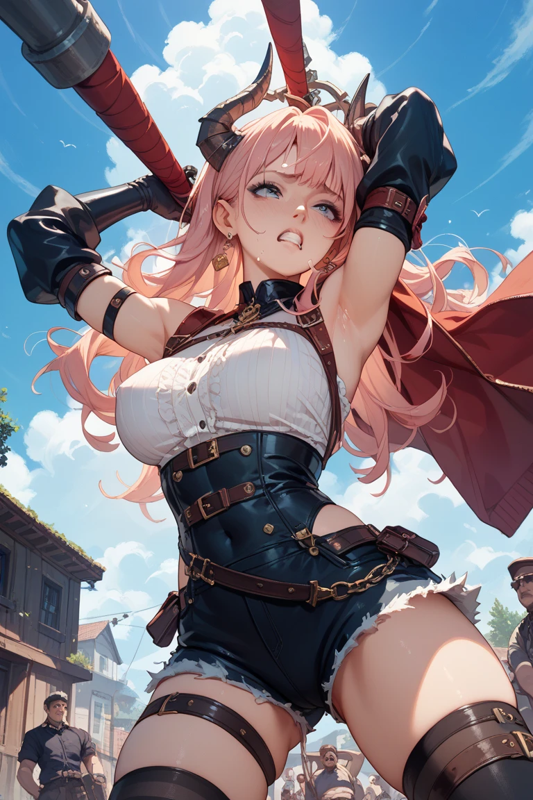 A pink haired woman with violet eyes with an hourglass figure in a Viking princess outfit is drinking in on the roof of a Viking's castle
