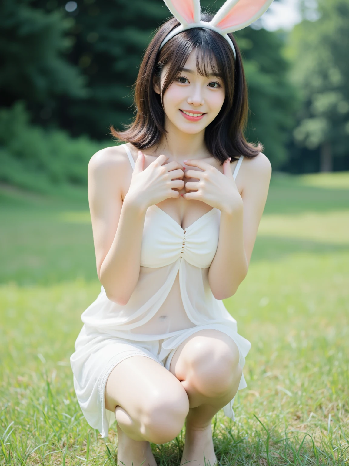 ((of the highest quality, 8K, masutepiece: 1.3, Raw photo)), Sharp Focus: 1.2, (1 AESPA Girl: 1.2), (Realistic, Photorealistic: 1.37), (Face Focus: 1.1), Cute face, Small breasts, flat chest, Short hair, Sitting, Show panties, From below, Sunlight, Movie Lighting, A beautiful girl wearing a white chiffon dress and staring at the countryside at dusk