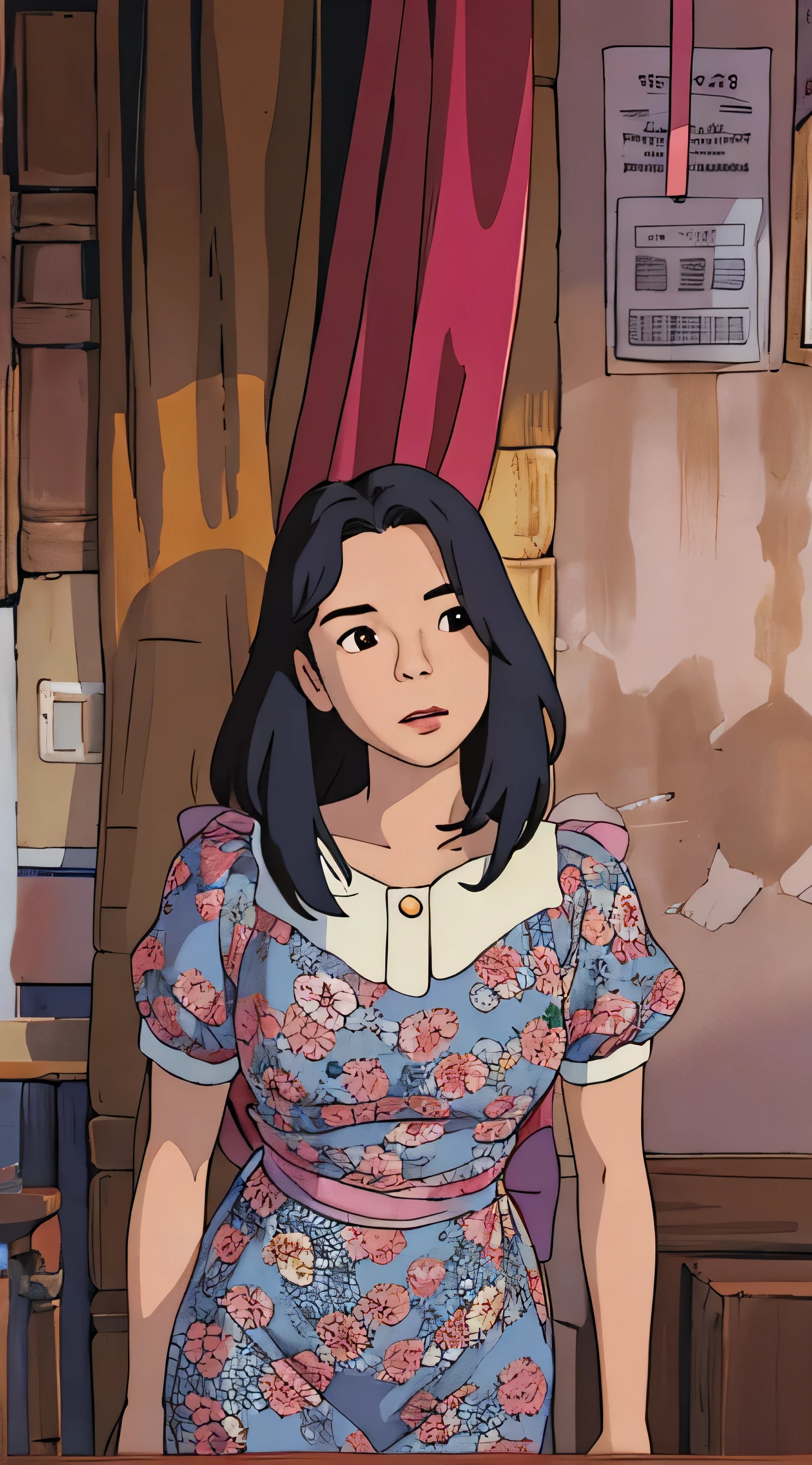 there is a woman standing in front of a curtain in a room, she is about 1 , 18 years old, 19-year-old girl, she is about 20 years old, she is about 2 0 years old, 1 , cindy avelino, 2 female model, she is about 2 ghibli style, ((masterpiece)),((best quality)),(detailed),Illustration,8k,colorful, high contrast