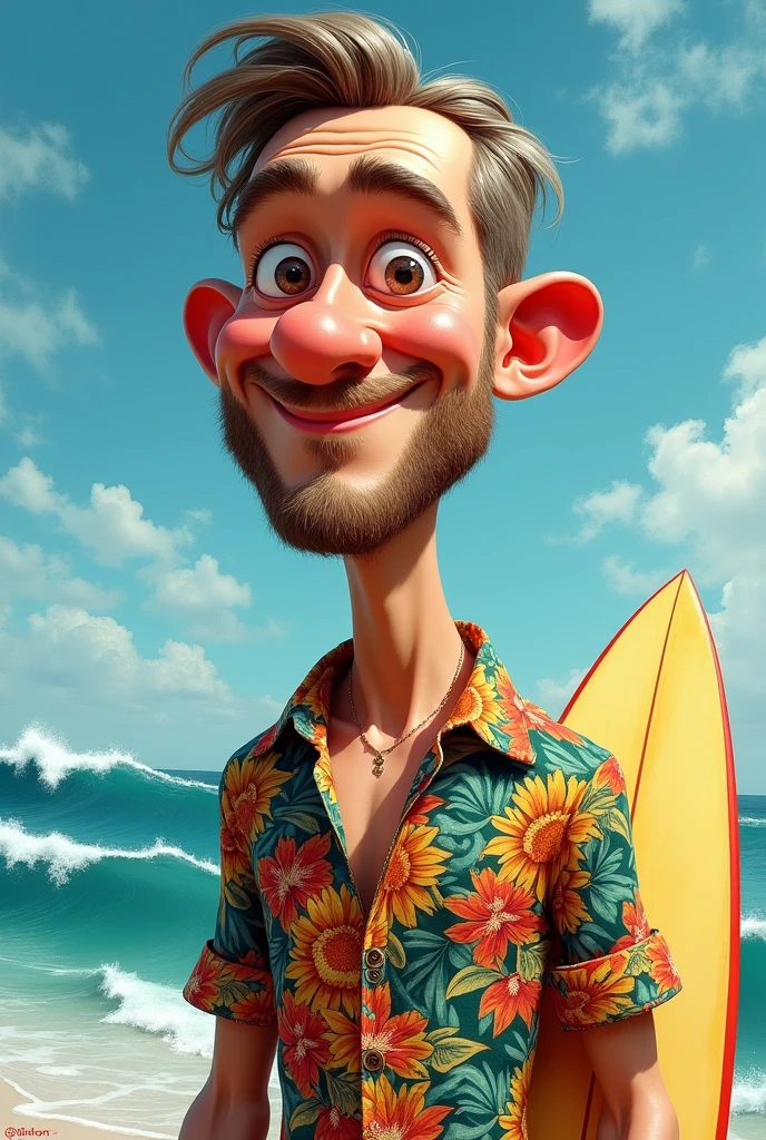 A man with a thin face, short red hair, pencil brown mustache, light brown eyes, shirtless on the beach showing the third nipple under the left nipple.
