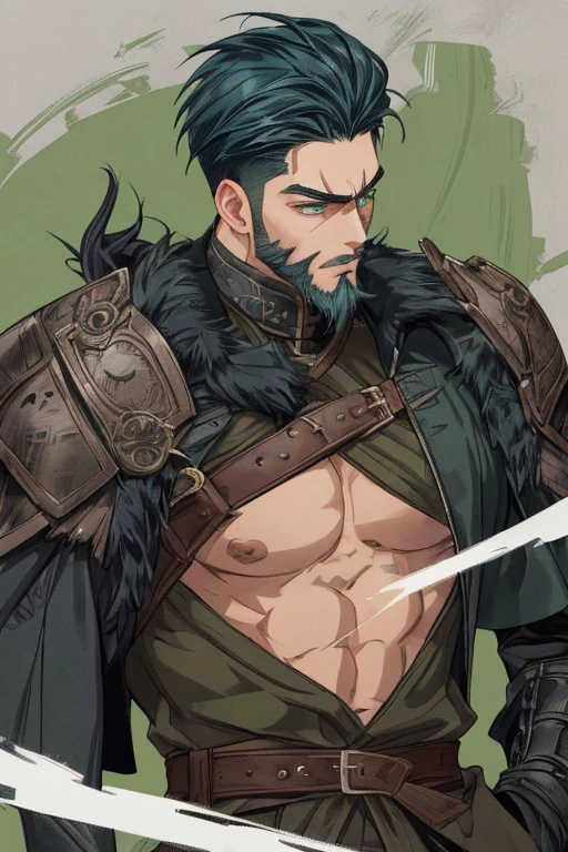 Content: A tall, tan-skinned man with a muscular frame stands confidently in a black medieval-inspired military outfit. His short, spiky black hair complements his striking green eyes, which are filled with intensity. Scars mark his face, adding to his rugged and battle-hardened appearance. He wears black leather combat boots that enhance his imposing presence. His stance is firm and authoritative, exuding strength and determination.
Medium: Digital art, character illustration.
Style: Inspired by medieval-themed anime and video games, with a focus on realistic yet stylized details. The art style captures the essence of a seasoned soldier, combining elements of anime character design with a gritty, realistic touch set in a historical context.
Lighting: Dramatic lighting with strong contrasts to highlight the man’s muscular frame and the details of his medieval-inspired outfit. Shadows play across his scars and facial features, emphasizing his rugged appearance.
Colours: A monochromatic palette dominated by shades of black and dark gray, with subtle highlights to bring out the textures of his outfit and the green of his eyes.
Composition: A full-body shot with a 50mm lens, focusing on the man’s imposing figure. The background is simple and dark, ensuring that the focus remains on his powerful presence and detailed design. The medieval theme is subtly integrated into the design of his clothing, suggesting a historical setting.