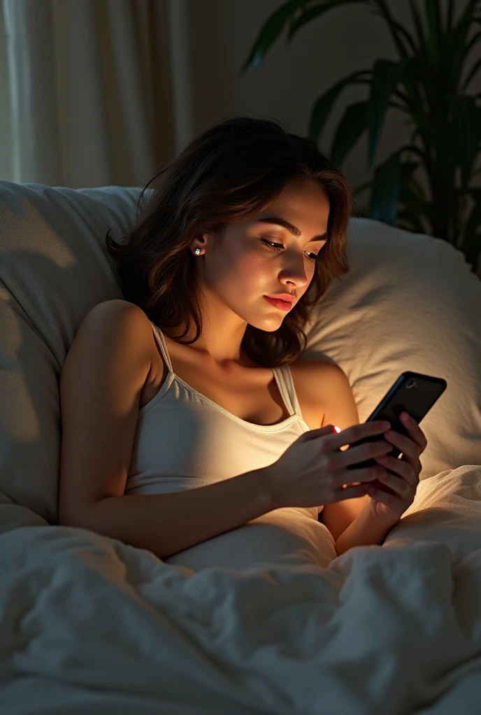 (photorealism:1.2), top view and side view normal room with dim light, woman laying on bed on her stomach using smartphone, hair slightly covering her face, some books beside her, relaxed pose
