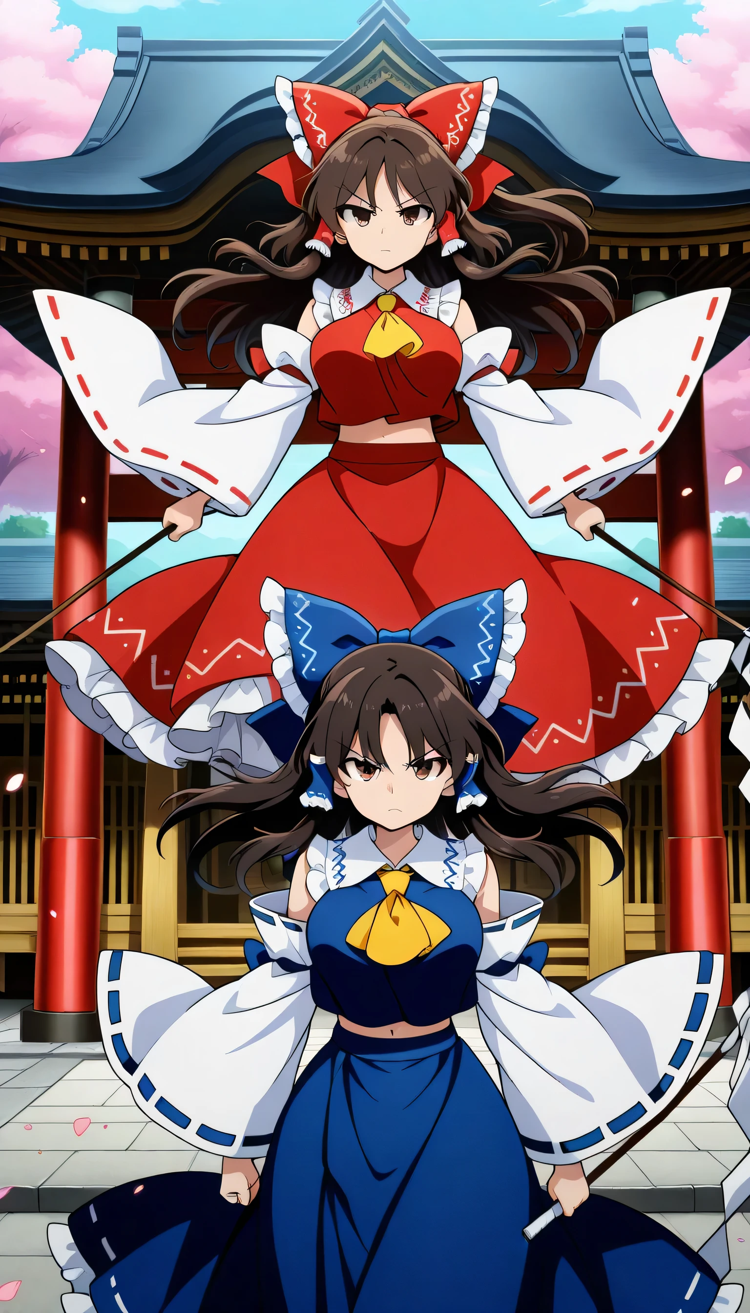 absurdres, highres, masterpiece, best quality, amazing quality, official anime artwork, screencap, anime screencap, outdoors, looking at viewer, dynamic pose, shrine, 2girls, side by side, light particles, petals, yin yang orb, danmaku, BREAK
floating hair, midriff, BREAK
hakurei reimu, 1girl, solo, blue eyes, black hair, long hair, sidelocks, large breasts,, hair bow, hair tubes, blue tubes, blue bow, frilled bow, yellow ascot, blue shirt, ribbon-trimmed detached wide sleeves, blue skirt, holding gohei, serious, BREAK,
hakurei reimu, 1girl, solo, brown eyes, brown hair, long hair, sidelocks, large breasts,, hair bow, hair tubes, frilled bow, yellow ascot, red shirt, ribbon-trimmed detached wide sleeves, red skirt, closed mouth,