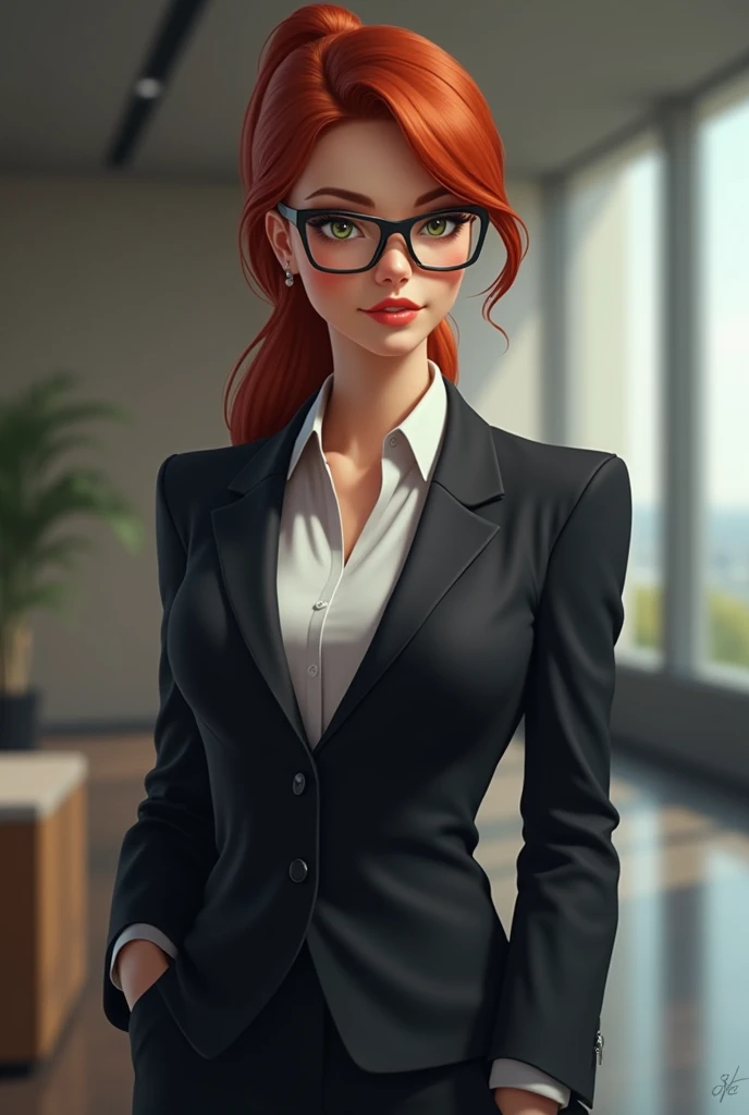 A businesswoman with red bobbed hair, green eyes, and a beautiful smile.