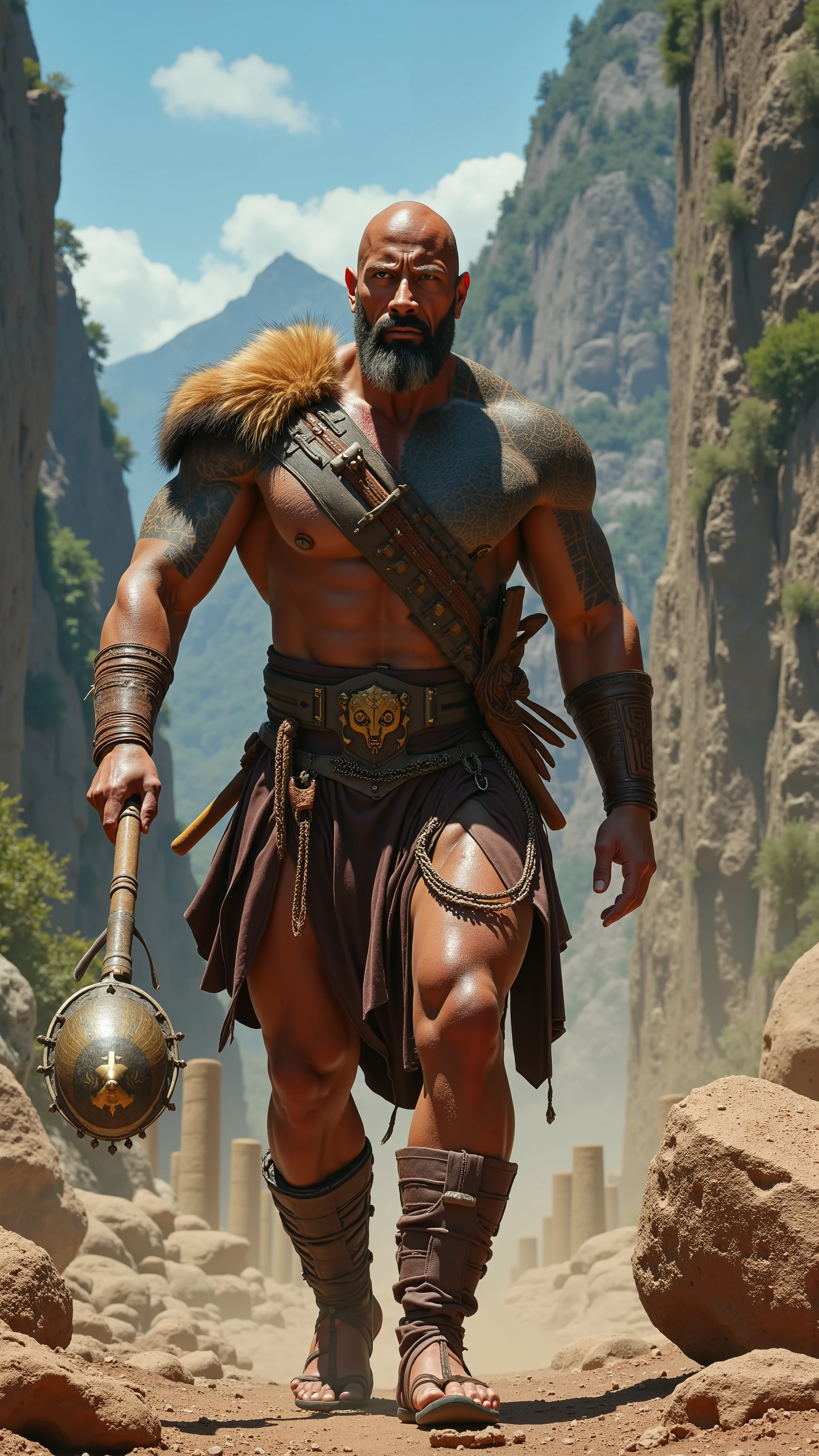 looking at me, face focus, a robust build villain barbarian, mid combat, He is a ferocious Japanese fat barbarian, intense battle scene, leather and iron armor, armored short skirt, viking helmet, holding a double edged ancient legendary axe, legs exposed from thighs to feet, fierce warriors, ancient battlefields, epic showdown, battleground background, masterpiece, volumetric lighting, Dramatic, Uighur the Warden, ((ultra sharp)), ((masterpiece)), ((best quality)), ((ultra detailed)), ((intricate details)), Inguinal region detailed, Dilapidated, smirking, breathtaking action, 