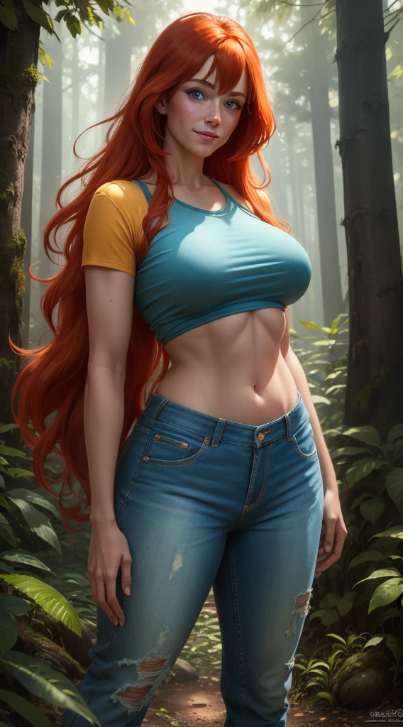 Busty muscular Amouranth, strong huge biceps, strong tonned abs, enormous round tits, huge firm , hypermuscular bodybuilder, Orange hair, blue eyes, exposed abs, goddess divine superheroine, naked under bathrobe, forest background