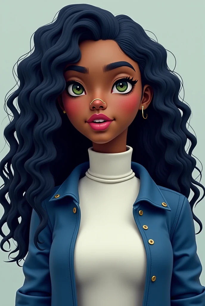 black girl with curly hair and blue eyes with big lips and a cute button nose and freckles and the septum piercing
