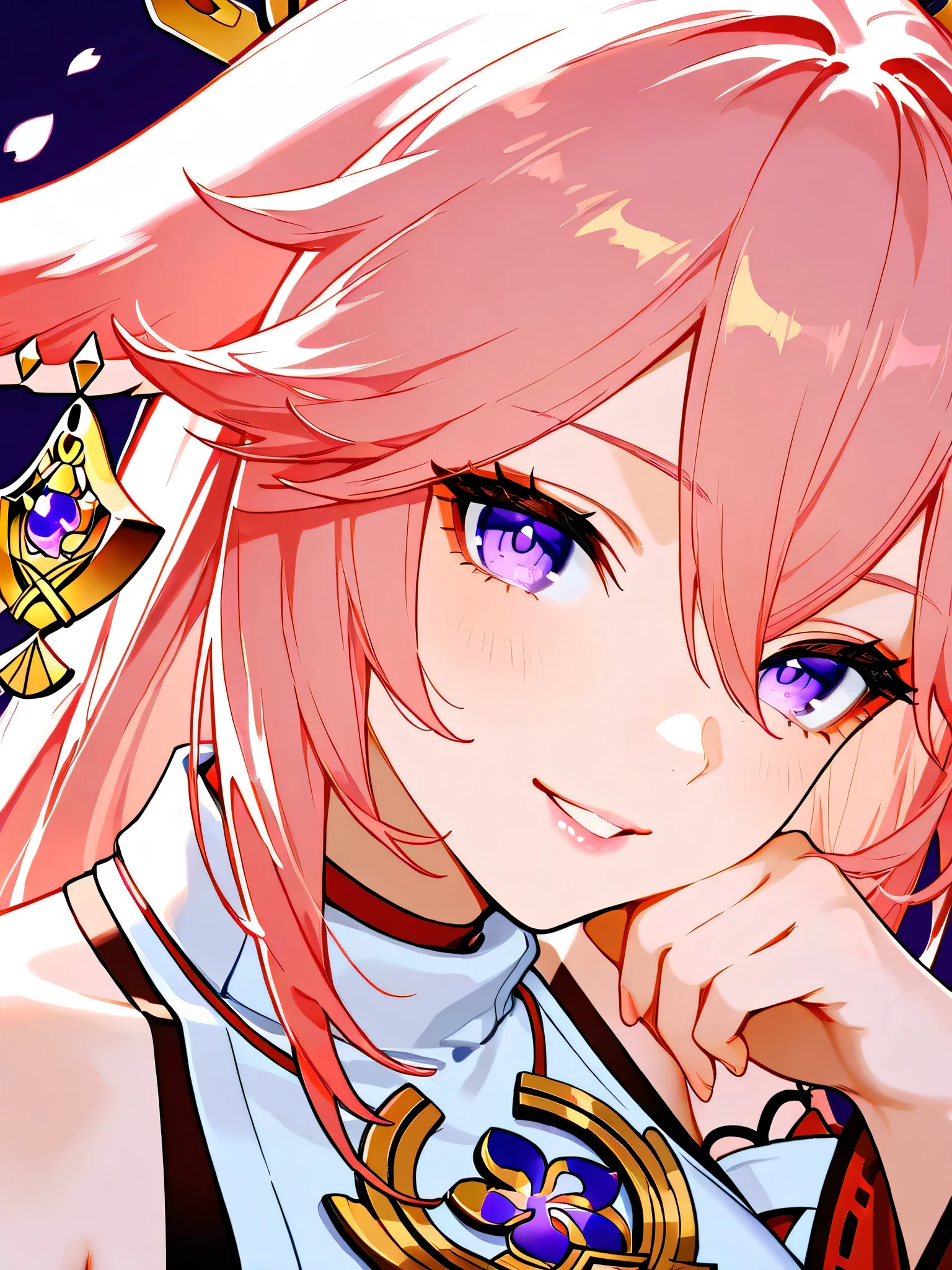 female,woman,yae miko\(genshin), detached sleeves, bare shoulders, pink hair, long hair, japanese clothes,(hair ornament:1.35),jewelry,purple eyes,earrings,cherry blossoms,long sleeves,thick lips,fair skin,glossy texture,pink lips,white collared shirt
BREAK close-up,portrait,one hand,hands on lips,evil grin,head tilt
BREAK masterpiece, best quality, amazing quality, very aesthetic,absurdres, newest, scenery,highly detailed,high-resolution,focused subject,sharp focus,medium depth of field,slight smile,looking at viewer,from the side,clean lines,smooth lines,sharp,masterpiece, best quality, amazing quality, very aesthetic, absurdres, newest, scenery
BREAK simple background,dark purple background