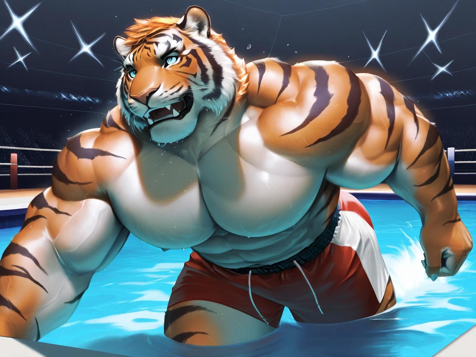 solo,masterpiece,high quality,half body shot,dutch angle,((detailed eyes)),furry male tiger,(((huge muscular))),huge body,anime,very sweating,nude,playtime,swimwear,showing muscle,Playing with a water gun,exaggerated pose,pool,by null-ghost,by pino daeni