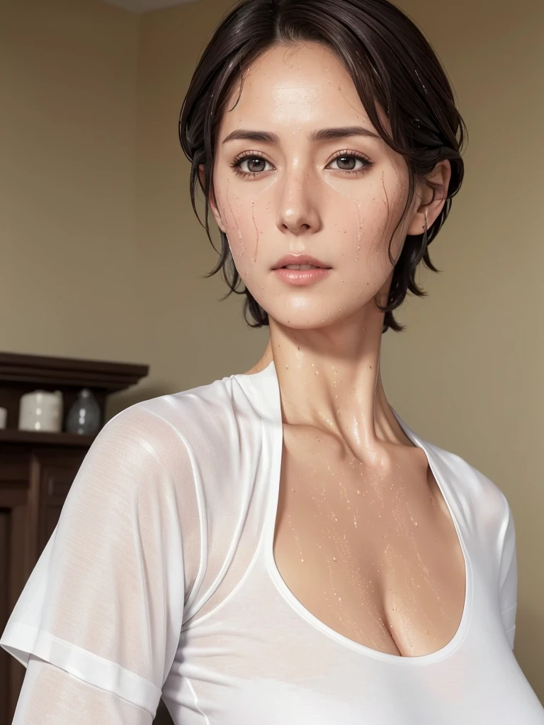 (((Very realistic frontal cowboy shot taken by a professional photographer, very Seductive pose, 32k, 7 heads、looking at viewer, Staring Intently :1.5))),(A pure white, extremely thin fabric business short-sleeved open-neck shirt with a wide V-neck, Soaking wet:1.4)。((Highest quality)), ((masterpiece)), (((detailed))), (midnight ,A modern train station platform in Tokyo on a dark, pouring, stormy night, Low Key Lighting:1.6)、(((A very beautiful, extremely elegant and intelligent 42 year old Japanese woman。Black intelligent eyes、Very intelligent and goddess-like face。An extremely elegant, calm and modest smile, Being drunk、My eyes are pretty watery、I'm very horny、embarrassed ,blush, Curvy Body:1.7)))、(((A short, well-groomed, shiny black haircut。The skin is white and very smooth。A very hot rainy summer night、I'm pretty sweaty、My clothes were soaking wet and transparent、When wet, it sticks perfectly to your skin, revealing your beautiful body lines.、Through the extremely thin fabric, the skin and the pure white, intricately crafted, lacy, high-end underwear are clearly visible.:1.9)))。(A long navy pencil skirt with a long slit in the front,The clothes fit the body very well:1.8), (The line of the chest, collarbone and décolletage are extremely beautiful.:1.9)。She is looking straight at the camera with a very shy look on her face.。Light makeup and no piercings,A simple and modest pearl necklace、(((He is holding his crotch tightly with both hands.、beautiful large chests )))