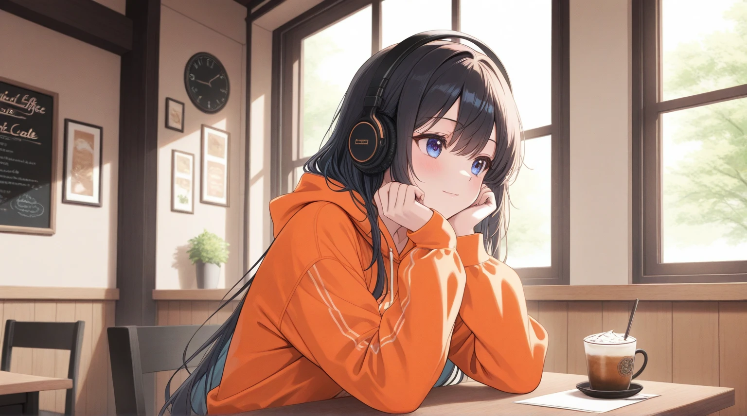 morning、High school girl listening to music in a cozy room、 Use headphones, 2D Style Anime, Lo-Fi, hard disk, 明るいmorning日、You look feels good、Big Breasts、Sweat hoodie、A room with cool colors、Start of the day、さわやかなmorning、Gentle smile、An illustration、Long straight hair、線はっきりとしたAn illustration