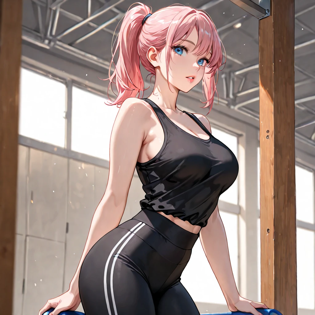A girl in gym outfit taking a selfie big boobs showing