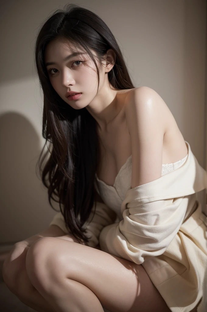 girl posing without clothes, small breasts, brunette with long hair, soft skin, cry,