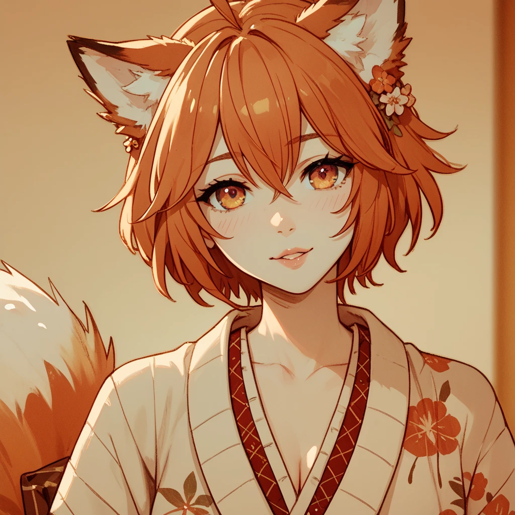 masterpiece, best quality,realistic,absurdres,1girl,looking at viewer, tongue, ahg, ahegao, living room, skinny, orange hair, fox ears, short hair, messy hair, red kimono