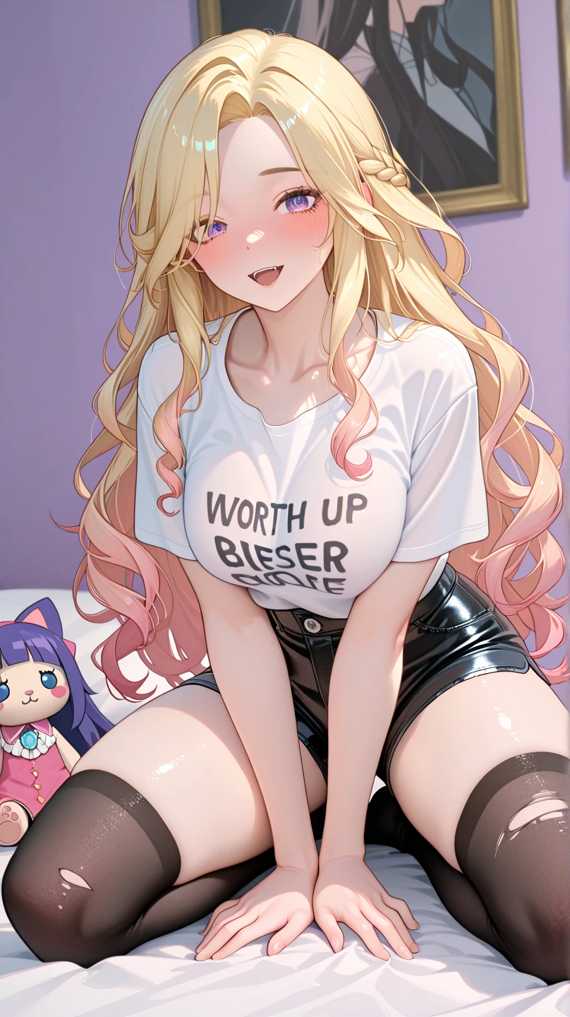 ((Best Quality)), ((Masterpiece)), (detailed), 1 girl, Pastel yellow hair, long hair, hair covers one eye, purple eyes, big breasts, big thighs, , white vote t-shirt, purple skirt, brown pantyhose, at home, watching a movie, scared, sitting on the sofa, watching television not the viewer