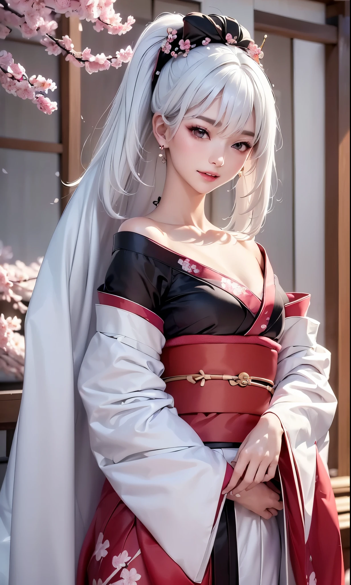 ((Styled white hair:1.5))(Japan kimono with cherry blossom pattern:1.3), Symmetric, (highest quality, Realistic:1.4, RAW Photos:1.2, Cinematic Light, Highly detailed illustration), (1woman:1.3, alone), (Asian Girl, Very delicate face, Super beautiful face, Very delicate eyes, Highly detailed nose, Very sophisticated mouth, Highly detailed facial features), woman, (Medium Bust:1.3), skin, Lip gloss, Laughter, Full Body View, High resolution, High resolution, 8k, Masterpiece 2:1, Skin radiance, Shining skin, Young girl,( Kyoto、Scattering cherry blossoms)、(Off the shoulder, Scapula、Black kimono、Exposing shoulders、Beautiful cleavage)(White Hair、Black kimono、Black sleeves、Black hem、Red belt)(Leaning against a tree):1.5