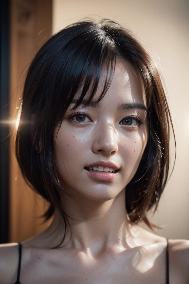 (Representative Works: 1.3), (((masterpiece, Best Quality, Ultra-detailed, ultra high resolution, photorealistic: 1.4, 8K Wallpaper, golden proportions, upper body and chest))), ((Beautiful detailed eyes:1.6, ultra detailed eyes, realistic eyes, symmetrical eyes:1.8, circular iris:1.3)), (eyelashes:1.3, double eyelid:1.6), (8k, photorealistic, raw photos, Highest image quality: 1.4), perfect face, v-line shape:1.3, sharp jawline:1.5, beautiful face, (realistic face),no makeup, natural makeup, light makeup, (Dark brown, short hair: 1.5), beautiful hairstyle, realistic eyes, beautiful detailed eyes, (Photorealistic skin), beautiful skin, golden ratio, Gray background, 20 years girl, dreamy light, Normal hands, Glossy Lips, small mouth, closed mouth, thin lips:0.7, slightly smile:1.6, pale milky white porcelain skin, smooth translucent white skin, Skincare brand photo shoot, Woman with porcelain skin, Soft porcelain skin, Translucent white skin, Clear facial and body skin, Skincare, White porcelain skin, short face:0.6
