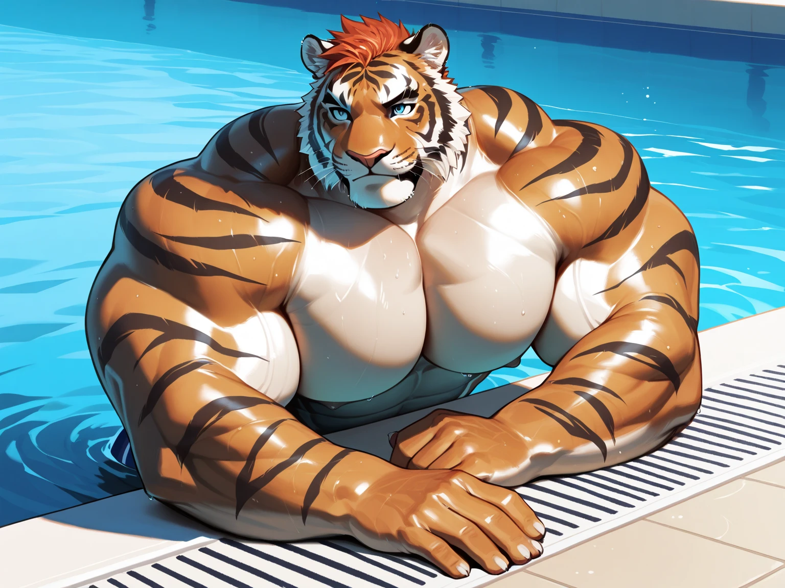 masterpiece, best quality, 8k resolution, Very detailed, hairy,tiger,((red hair)),muscle,Strong,超大muscle,((Sweating)),(((Purple Eyes))),For the audience,(((Lifeguard))),portrait,(((Shirtless))),(Highest quality scene),(((thong))),(((Nautical Mile))),(((smiling))),(((Hip bulge))),(((Ultra clear eyes)),(((Blushing))),((Solitary)),((whole body)),(((Sunlight))),(((Swimming style))),((Mature)),(((Uncle))),(((Orange fur)))