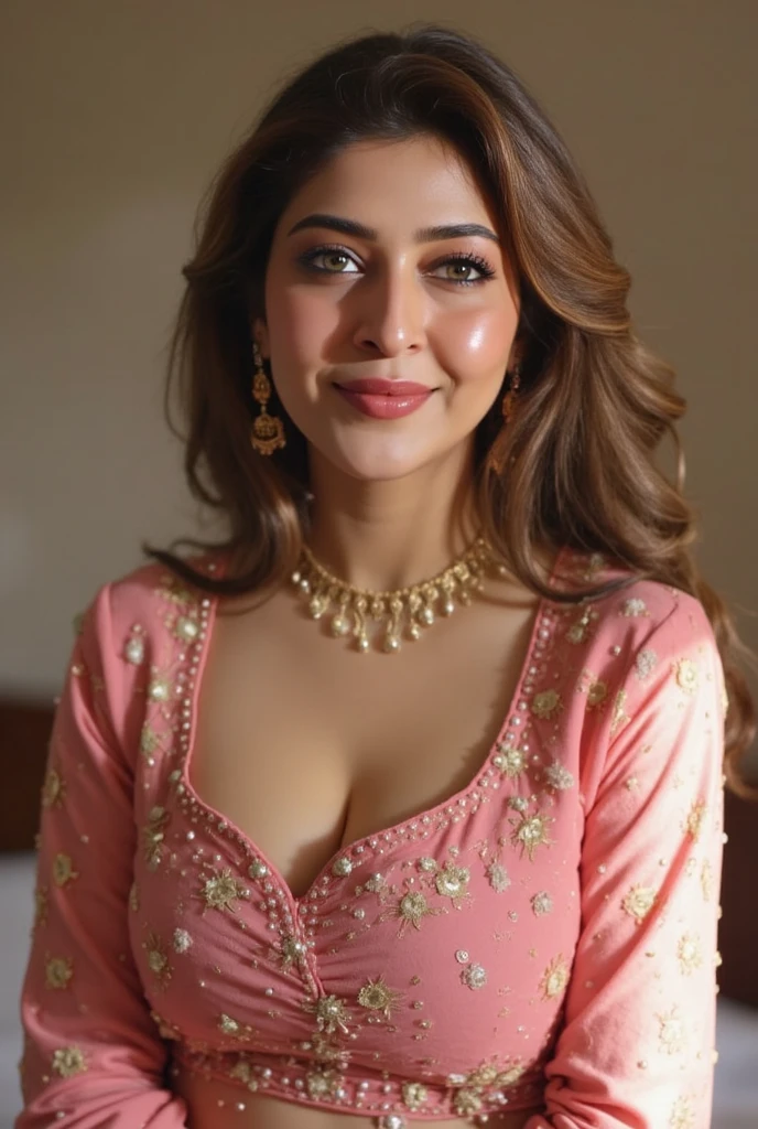 Instagram photo, closeup face photo of 40 years old pakistani woman in nightgown, selfie, perfect body, full lips, dimple, slight smile, bedroom, little sunlight, sunkissed, no makeup
