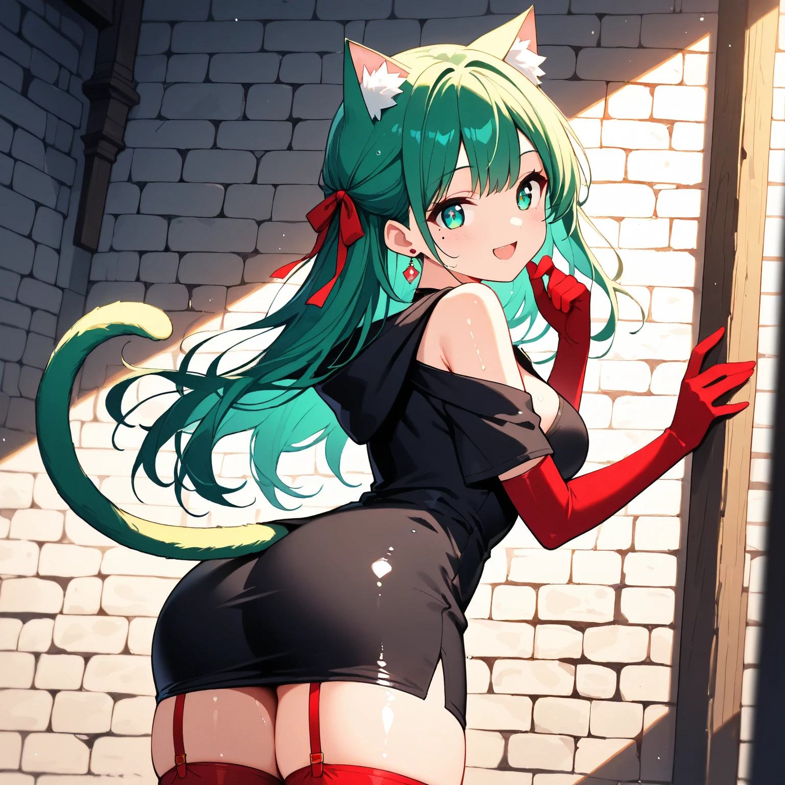 Thigh bondage, with both hands tied behind the back. used bondage, Behind Hand Bondage, bondage rope. 4-fold binding, horse ears ,green wavy long hair, blue eyes, huge breasts, Bind your arms behind your back,tie naked body with rope, The rope around the waist is tied, cry of eyes, look forward, leotard, A rope is wrapped around the neck, The color of the rope is red,