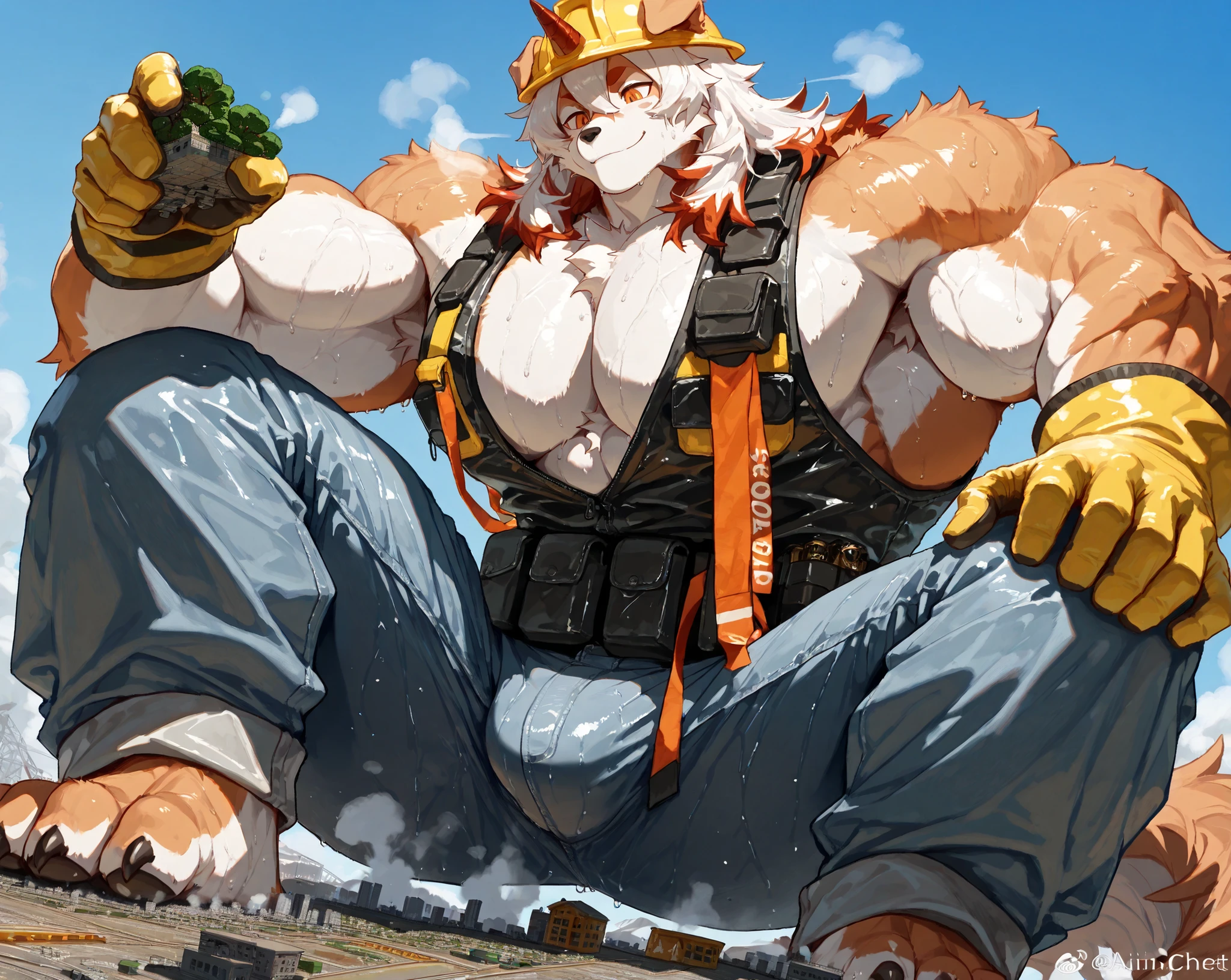 score_9, score_8_up, score_7_up, score_6_up, furry, anthro, solo, hung, perro, arknights, two-tone fur, medium hair, white hair, single horn, orange eyes,(macro size: 1.9), (a giant furry hung in a fantasy town: 1.1), describe image of a giant hung doing something in a fantasy town,musk, ((musk steam at body)), ((musk steam at groin)), sweaty, bulge, 
dutch angle, closed mouth, construction site background, construction worker, yellow hard hat, (black safety vest:1.1), (yellow safety vest:0.9), shirtless, brown work gloves, tool belt, denim jeans, , 肌肉, 大, big 肌肉, ((大 肌肉)), 主导的, 粗糙的, 腹肌, 八块腹肌, 胸肌, big 胸肌, (宽阔的肩膀, 宽胸肌, 大 pec 肌肉 thick arms),Dominate everything，Score_9, Score_8_up , Score_7_up , Score_6_up , furry, doll, alone, Hung, dog, Tomorrow's Ark,  two-color fur , medium length hair, White hair, Single corner,  orange eyes，a tall man，(Giant: 1.2) ，(side view of a closeup  Hung foot: 1.2), (ultra closeup  of a Hung foot only: 1.3), (furry Hung: 1.1), simple background, (ultra closeup  of Hung feet: 1.2), (shorten: 1.2), (closeup  Hung foot: 1.2), Sitting, (Showing claws: 1.1), (Giant: 1.2)，Sweating,Strong muscless
 large , ((50 feet tall)),  muscles,  large ,  large   muscles, (( large   muscles)), lead, Rough, Abdominal muscless, 八块Abdominal muscless, Chest muscless,  large  Chest muscless, ( broad shoulder, 宽Chest muscless,  large  pec  muscles thick arms),Dominate everything

  mature,  rugged, Armpits, bulge

Dutch perspective ,, Relaxed expression  ,( A gentle smile), Wet fur, Wet hair, looks at the audience, 