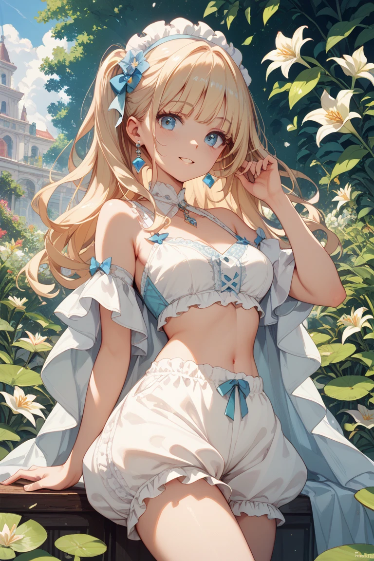 Melody Mark,Absurd, Very detailed,Bright colors,Look straight,(Sleeveless lift:1.6),(Fashionable bras:1.5) ,Long Hair, , Asymmetrical bangs, short twin-tailed blonde hair, Shiny Hair, Delicate and beautiful features, blush、(Deep blue eyes:1.3), White skin, Valletta, Earrings, necklace, Brown clothes, Beautiful Clouds, Twilight Sky,garden