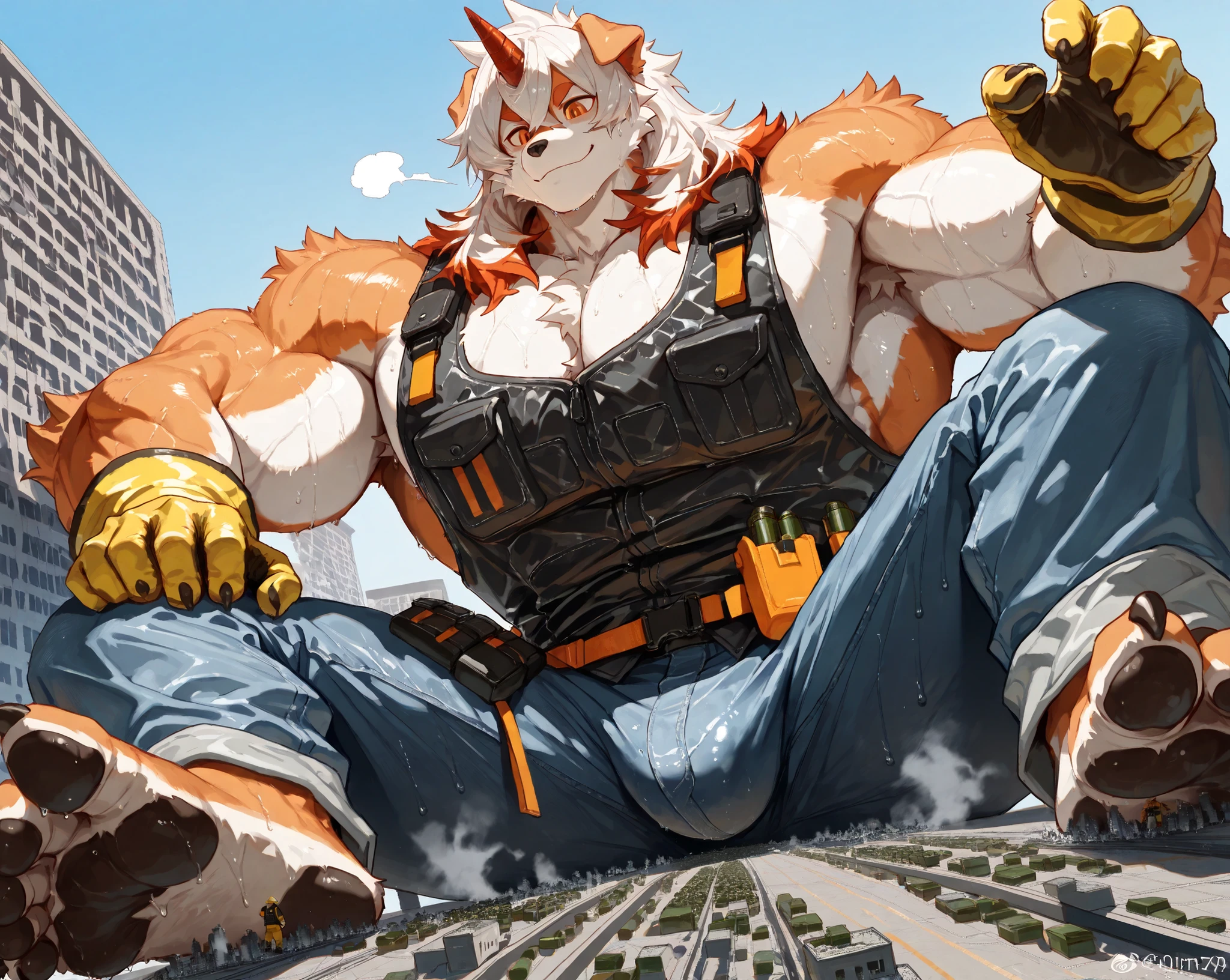 score_9, score_8_up, score_7_up, score_6_up, furry, anthro, solo, hung, perro, arknights, two-tone fur, medium hair, white hair, single horn, orange eyes,(macro size: 1.9), (a giant furry hung in a fantasy town: 1.1), describe image of a giant hung doing something in a fantasy town,musk, ((musk steam at body)), ((musk steam at groin)), sweaty, bulge,
dutch angle, closed mouth, construction site background, construction worker, yellow hard hat, (black safety vest:1.1), (yellow safety vest:0.9), shirtless, brown work gloves, tool belt, denim jeans, , 肌肉, 大, big 肌肉, ((大 肌肉)), 主导的, 粗糙的, 腹肌, 八块腹肌, 胸肌, big 胸肌, (宽阔的肩膀, 宽胸肌, 大 pec 肌肉 thick arms),Dominate everything,Score_9, Score_8_up , Score_7_up , Score_6_up , furry, doll, alone, Hung, dog, Tomorrow's Ark, two-color fur , medium length hair, White hair, Single corner, orange eyes,a tall man,(Giant: 1.2) ,(side view of a closeup Hung foot: 1.2), (ultra closeup of a Hung foot only: 1.3), (furry Hung: 1.1), simple background, (ultra closeup of Hung feet: 1.2), (shorten: 1.2), (closeup Hung foot: 1.2), Sitting, (Showing claws: 1.1), (Giant: 1.2),Sweating,Strong muscless
large , ((50 feet tall)), muscles, large , large muscles, (( large muscles)), lead, Rough, Abdominal muscless, 八块Abdominal muscless, Chest muscless, large Chest muscless, ( broad shoulder, 宽Chest muscless, large pec muscles thick arms),Dominate everything
mature, rugged, Armpits, bulge
Dutch perspective ,, Relaxed expression ,( A gentle smile), Wet fur, Wet hair, looks at the audience,