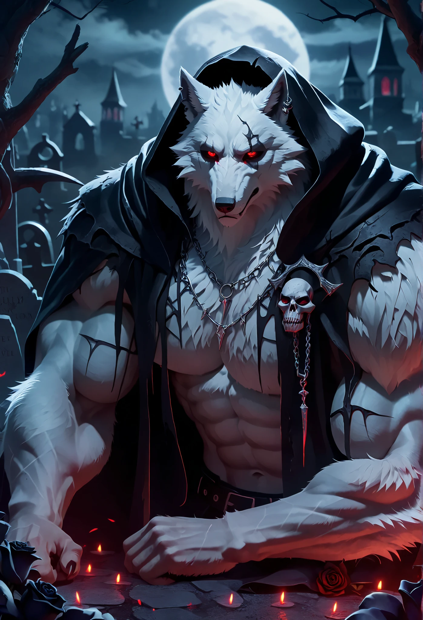 White wolf, red eyes, black eyewhites, hot, detailed fur, grimm reaper clothes, fullmoon graveyard background, muscular, swole, bulky, ear piercing, very detailed, character portairt, sad, black roses, goth,