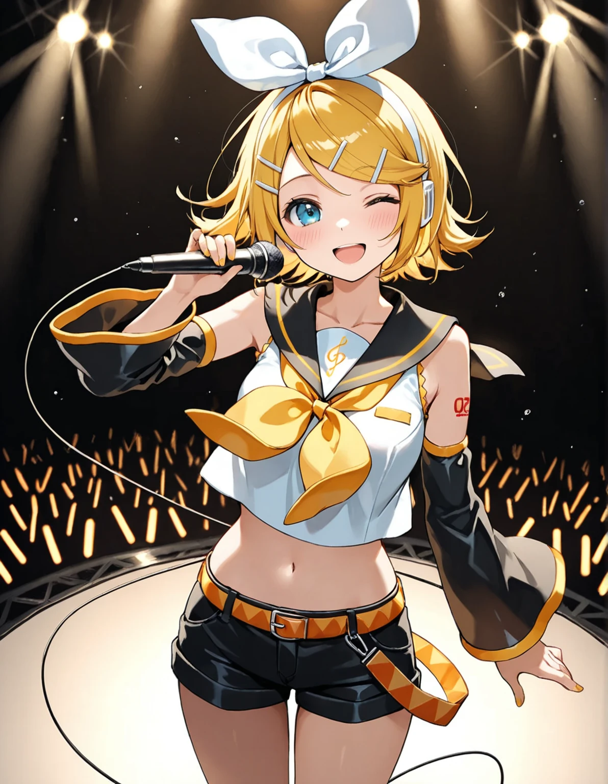 rin kagamine, blonde hair, blue eyes, hair bow, headset, short hair, headphones,
bare shoulders, belt, black sailor collar, black shorts, bow, crop top, detached sleeves, grey legwear, grey shorts, grey sleeves, hair bow, leg warmers, neckerchief, sailor collar, , shirt, mini skirt, short sleeves, shorts, white bow, white footwear, white shirt, yellow neckerchief,
(best quality, masterpiece, RAW photo,ultra-detailed:1.2), 1girl,solo,looking at viewer,smile