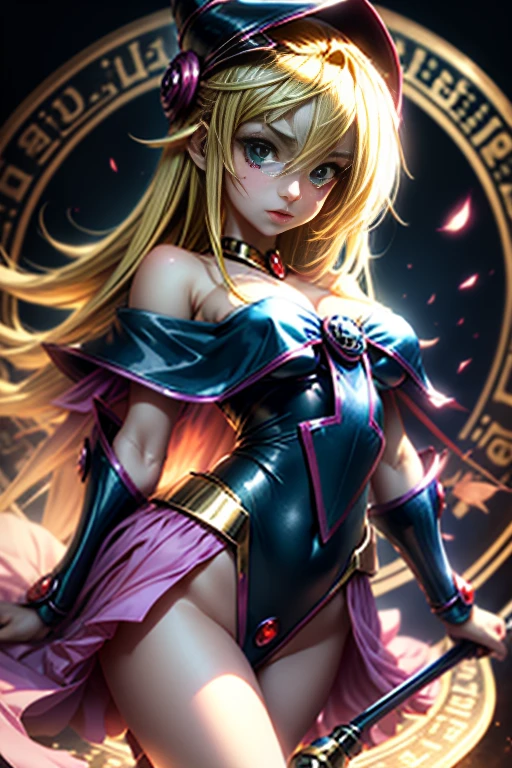 Hermosa joven dark magician gils con cabello rubio y ojos verdes、Anime style、small boobs. Pose sujestiva y . Cara de inocencia cuerpo de pecado. Fondo de magia. Circulos magicos.