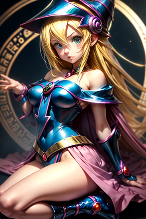 Ereshkigal very blonde hair standing that looks very close from the front that has big breasts and big buttocks Smiling. coquette. happy. hot background darkness and a golden spell