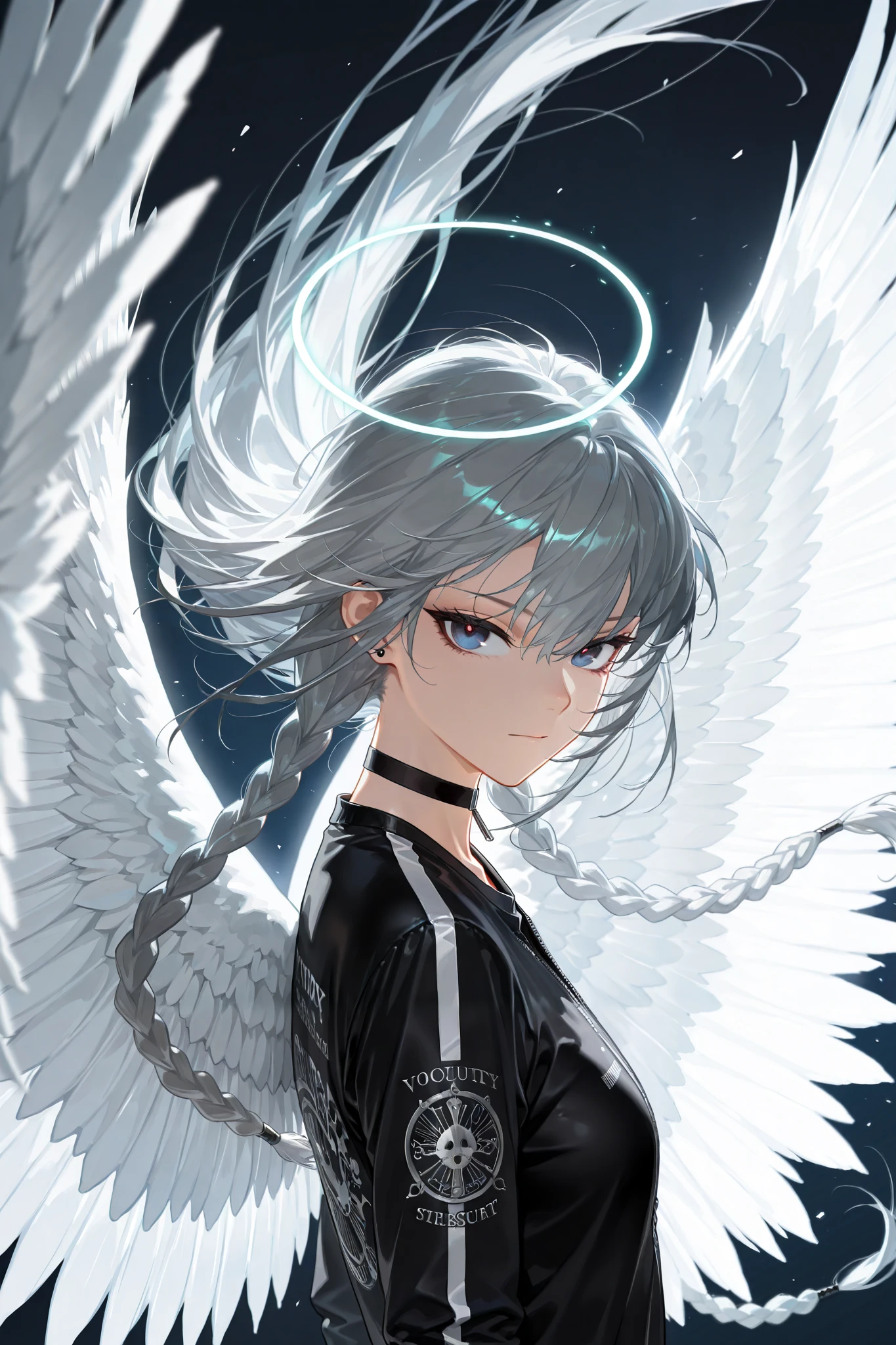by [arknights|(748cmstyle:0.5)], god rays, cinematic shot, mature, young adult, masterpiece, best quality, amazing quality, very aesthetic, high resolution, ultra-detailed, absurdres,
1girl, woman, solo, alone,(dynamic pose, side eye, looking over her shoulder, looking at viewer, side shot, upper body focus, action shot, three quarter view, close up, medium shot:1.2), dull gray hair, dark blue eyes, shining starry deep eyes, very long hair, princess braids, royalty, princess, thick elaborate braids, tsurime, black choker, techwear biker jacket, punk fashion, black t-shirt, nouveau-riche, large wings, glowing white wings,  novuschroma79 style, glitch art photo
BREAK, depth of field, volumetric lighting
 