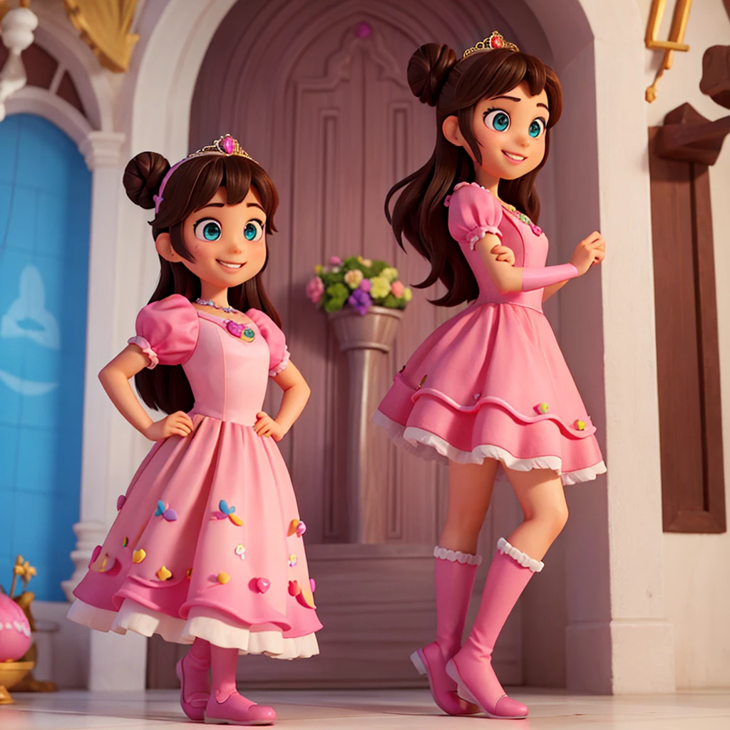 Better image quality, maximum resolution, 8k, Two 20 year old girls., ((Princess)), very detailed eyes (big breasts). Two ladies dressed as two Quinceañeras wearing short strapless shiny blue and pink latex dresses with sweetheart necklines for prom and big Princess tiaras and extremely very big breasts and muscular abs and bent arms and both legs bent and platform shoes. muscular bodybuilders, smiles. Centered full body image. One girl is on her back with her head facing forward and the other is looking forward... The background is a quinceañera with pink tones..