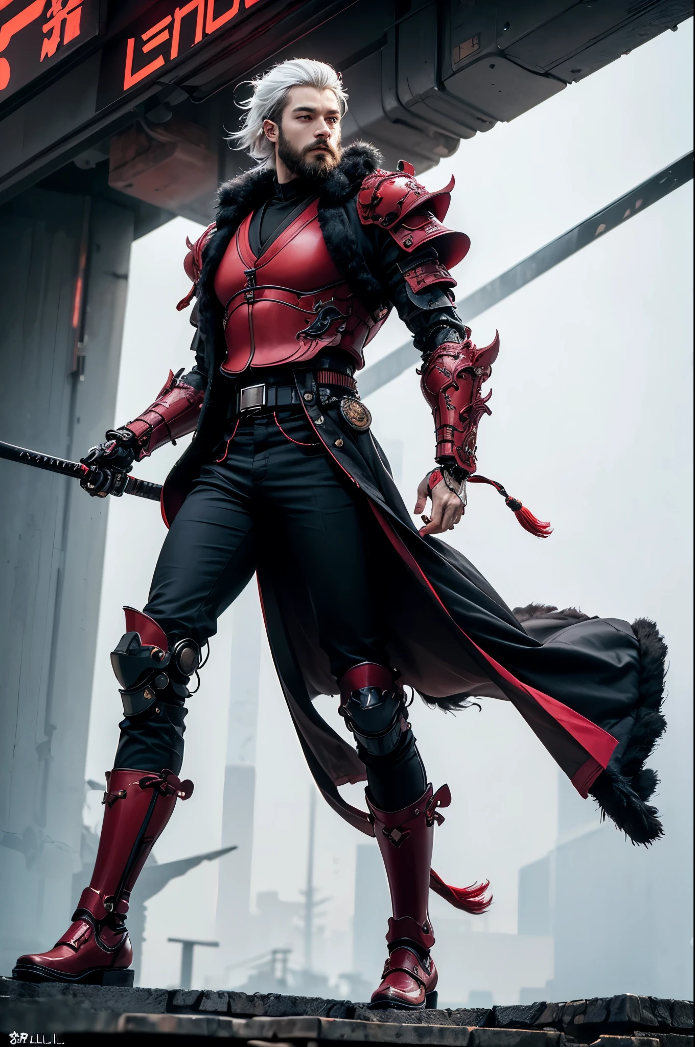 One man, young man, white hairs, subtle beard, red and black colour, futuristic samurai, mechanical armour, cyberpunk, mechanical breastplate, shoulder pads, full body, bull body, boots, body tight fit clothes, red shirt, black pants, black trenchcoat, white fur, holding a katan