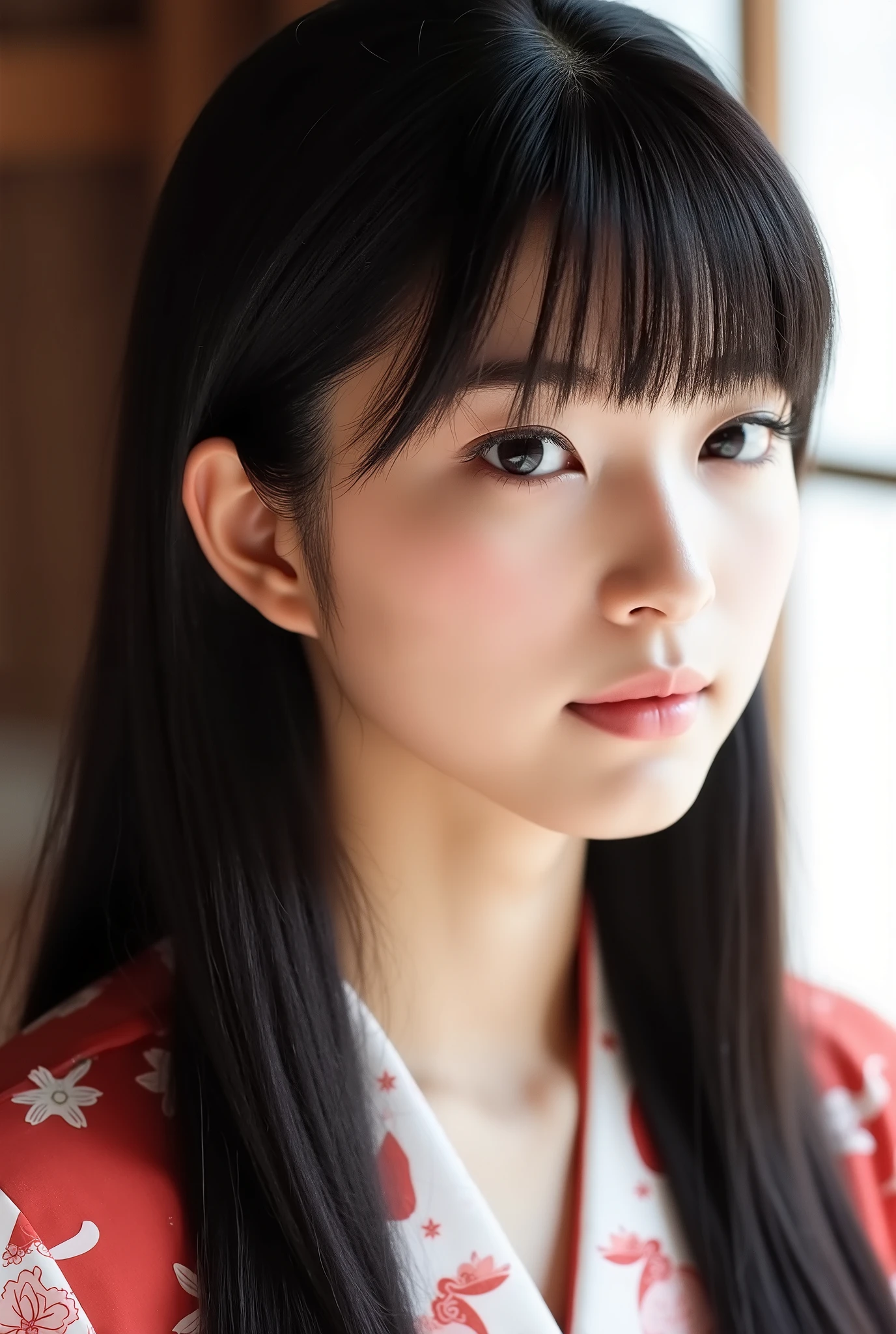 Create a photo collection featuring a Japanese idol girl with a fair complexion. She has long, straight black hair styled in a ponytail with bangs. She is wearing a glossy hakama, and the images should capture her full body. The setting is indoors, and the overall aesthetic should highlight her purity and charm.