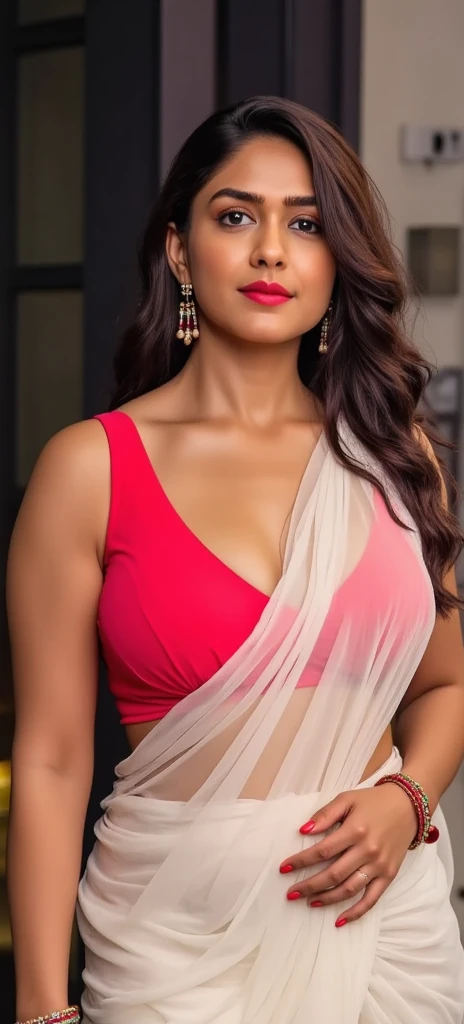 Create an extremely sexy portrait photo of Nayanthara, a 40-year-old hot MILF, celebrity actress. This photorealistic upper body portrait should feature Nayanthara as a curvy, busty woman with swooping breasts and deep cleavage. She has extremely sexy dark jjuicie armpits , Her figure is emphasized, with her arms open to reveal sexy armpits. She wears a necklace and is situated beside a temple in a forest, stripping off a shiny black mini-wear outfit. Her hair is styled in a ponytail. The image should showcase an insanely detailed, realistic skin texture, capturing every nuance of her allure.
