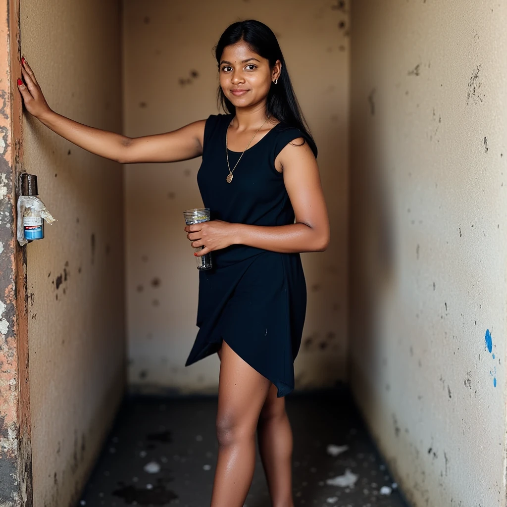 Srilankan skinny girl with black frock cleaning old poor changing room ...