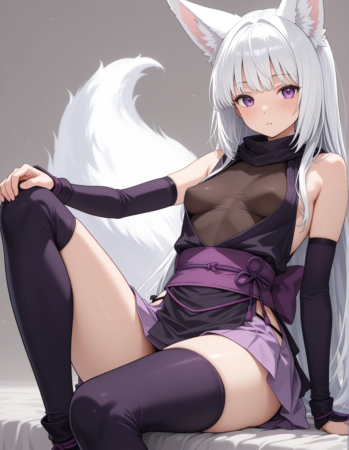 1girl in, Solo, Park, tree, cobblestone road, Cowboy Shot, (Double Fox Shadow Puppet), [Leaning forward], Fubuki Default, White blouse, [Midriff::0.3], Detached sleeves, Black Short Shorts, Blue neckerchief, Thigh strap, single thighhigh, Fox tail, One-sided marshalling, Ahoge, White hair, A smile on her face, her clothes come off