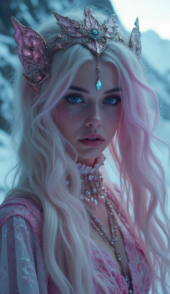 a beautiful ice goddess, extremely detailed eyes, extremely detailed face,purpul and blue eyes, extremely detailed realistic eyes, very long light pink hair, small breasts, ice magician, ice elemental, intricate design and details, chilling mist, cold, blizzard storm, conjuring ice spell, casting ice spell, fantasy dress, (pink dress:1.5), (strap:1.5), bare waist, realistic ice effect, snow particles, dark fantasy art style, ruined city, dramatic lighting, cinematic, sitting, (best quality,4k,8k,highres,masterpiece:1.2),ultra-detailed,(realistic,photorealistic,photo-realistic:1.37),HDR,UHD,studio lighting,ultra-fine painting,sharp focus,physically-based rendering,extreme detail description,professional,vivid colors,bokeh