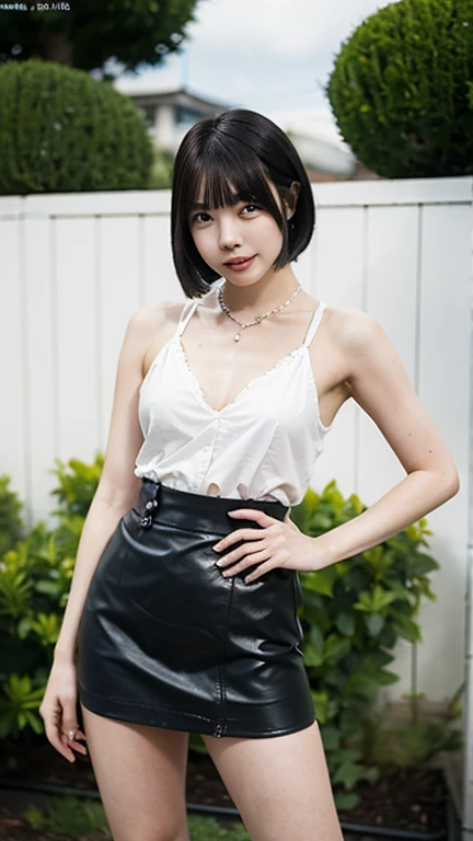 best quality, ultra high res, (photorealistic:1.4), 1girl, off-shoulder white shirt, black tight skirt, black choker, (faded ash gray hair:1), looking at viewer, Cleavage、tits
