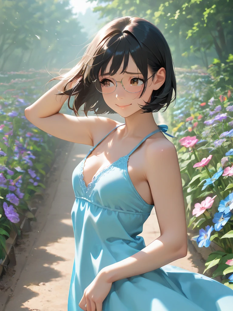best quality,masterpiece,1girl,solo,(((NSFW))),(((9years old))),japanese girl,an extremely cute and beautiful girl,highly detailed beautiful face and eyes,petit,cute face,lovely face,baby face,shy smile,show teeth,black hair,medium short hair,Hairless pussy,flat chest,skinny,slender,(((wearing a wet transparent white floral mini summer dress))),(((standing in a flower garden))),she is looking at the viewer,hands lift up dress,(upskirt above the waist:1.1),(no panties:1.1),(legs spread wide:1.1),(no bra:1.1)