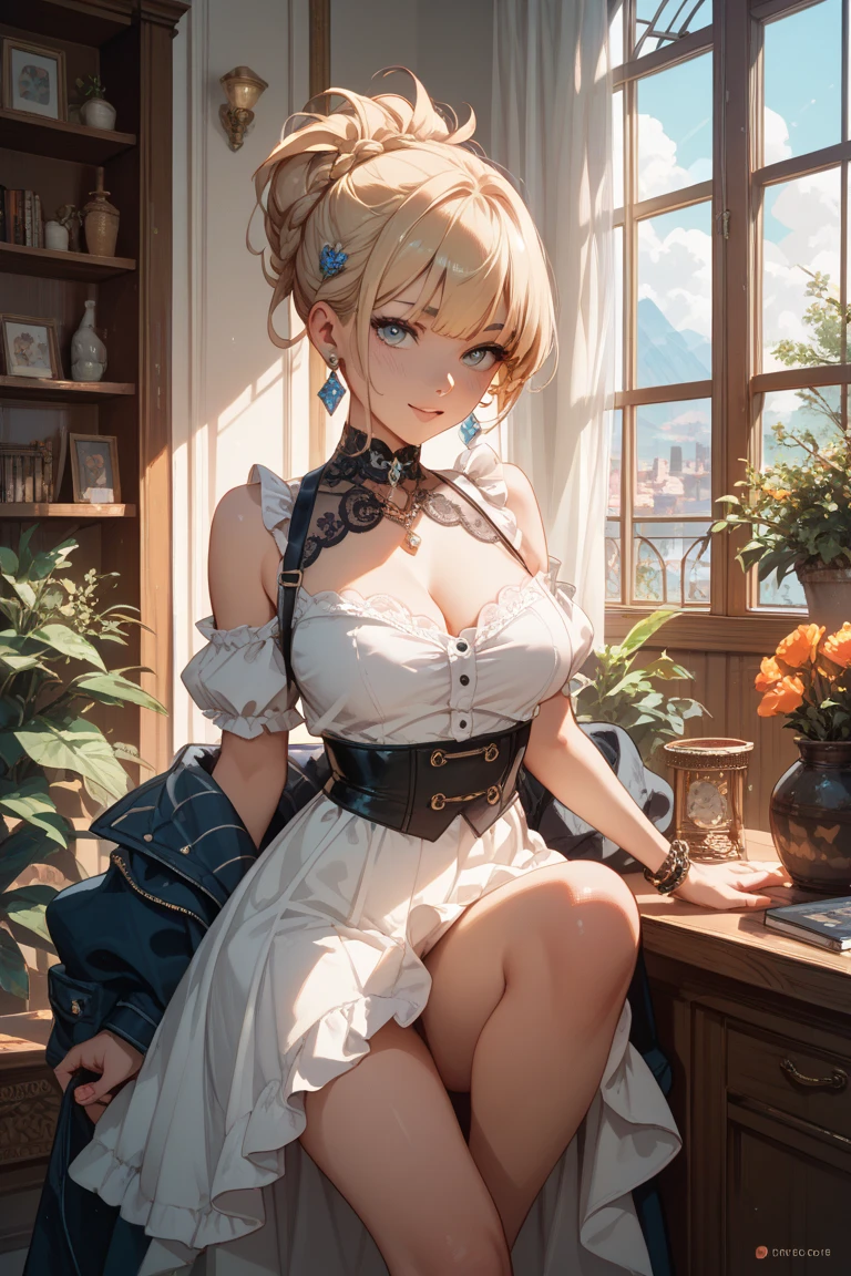 art by (Carl Larsson:1.2),(post-Impressionist),,((oil painting)),soft lighting,COOL,cammy sf6, 1girl,solo,blonde hair, short hair,Absurd resolution, A high resolution, (tmasterpiece:1.4), ((gigantic braests)), ultra - detailed, 1girll, brown color eyes, cabelos preto e longos,Wear a police uniform and a short skirt, the city street,sexyposture, The camera is close to the body 1girl, solo, maria tachibana, blonde hair, hair over one eye, short hair, green eyes, large breast, sexy bra, cowboy shot