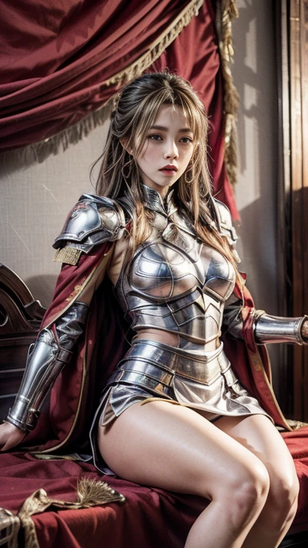 highest quality、16k high resolution、Super detailed、masterpiece、Live shooting、realistic:1.4、hyper realism:1.4、sharp focus、very delicate and beautiful、small details、1 female、(european:1.2)、(brunette warrior girl)、(spread your legs:1.3)、(show panties:1.3)、(white panties:1.1)、 (sit on the throne: 1.1)、(super beautiful)、(beautiful face:1.5)、(plate armor)、(detailed face)、(fine and beautiful eyes)、Perfect round eyes、(lip details)、lipstick、(knight armor)、(green skirt: 1.3)、(Steel Breastplate 、Gauntlet of Steel: 1.2),,, medieval fantasy, dungeons and dragons, RPG characters, At SFW 、Kukkoro、broken armor、Lying on the ground