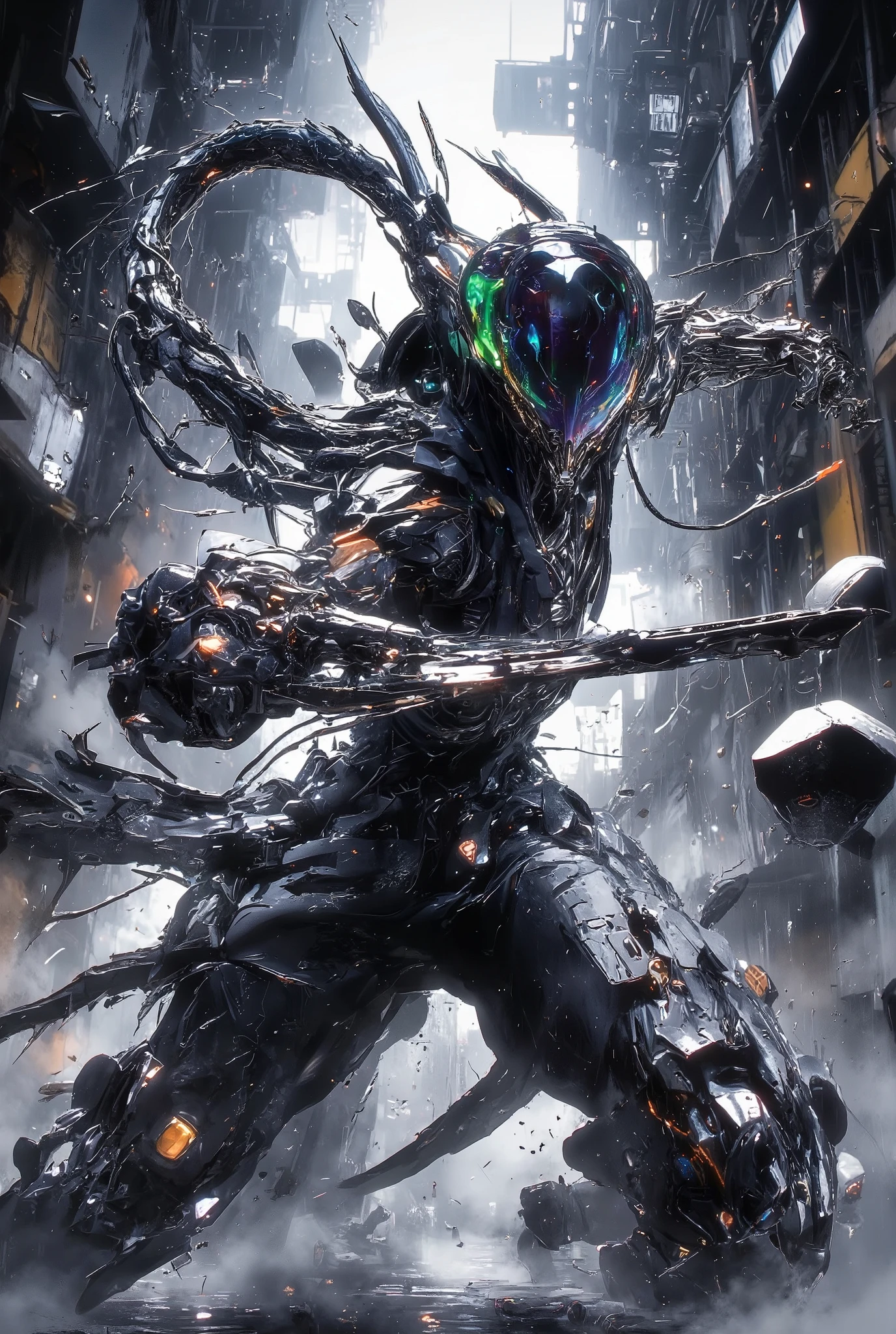 Cyberpunk anime, a stunning new generation cyborg robot without a face,forcefully throws a stone at the viewer, powerful throwing dynamics, air movement, water splashes, steam, smoke,the head is a visually auditory node, a faceless humanoid with a translucent reflective head resembling a helmet or mask, the head is a polished, iridescent translucent surface, which reflects and refracts light, showing a fascinating combination of colors, including deep blue and shades of red, which suggests a combination of nebulae and cosmic phenomena, the body is aerodynamic., androgynous, improved design, invulnerable, made of lightweight super durable carbon fiber, super ergonomic, beautiful, concept model on trial, makes its way through urban alleys, in a large surreal city setting,dynamic movement pose, complex architecture, lots of finely detailed details, elements and objects, the rain has just ended, the sun it looks out from behind the clouds, long light rays fall on the cyborg's body, wet, steam, evaporation, reflection, glare, interesting silhouette, shot from the ground, linear oblique perspective, color perspective, tonal perspective, conceptual digital art, surreal art, high detail, stylization, watercolor, ink, acrylic