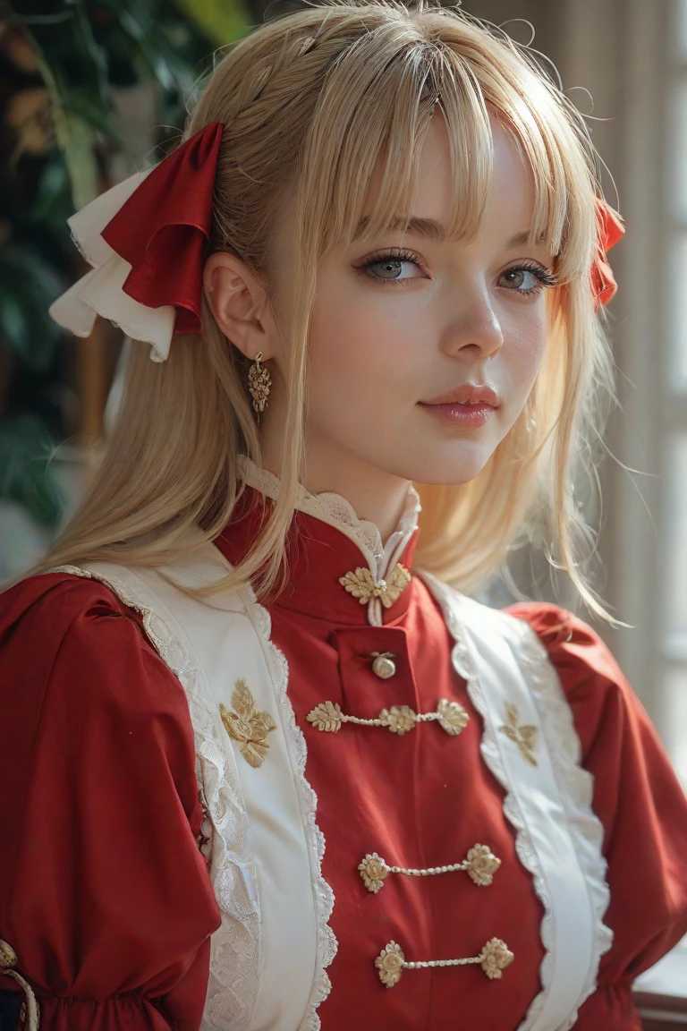 iu,close up, Straight blond short curly hair child girl little red riding hood, Clock on necklace, (Victorian Era), ((Steampunk)), photography, Work, elegant, meticulous, Gorgeous, Maximum details, Extreme pursuit of aesthetics, Complex details, Lots of gears, Old town background